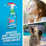 Windex Original spray bottle alongside images of a child kissing glass and a dog pawing a window, with cleaning claim text