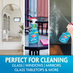 Triptych image showing Windex Original spray bottle on a table, mirror reflection and product being sprayed on glass with usage text
