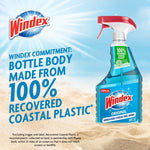 Windex Original bottle on sandy background with text about bottle body made from recovered coastal plastic and brand logo