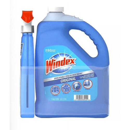 Windex original blue refill jug with detachable spray bottle shown alongside it