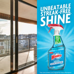 Windex Original bottle against a blue promotional background paired with a photo of sliding glass doors and balcony view