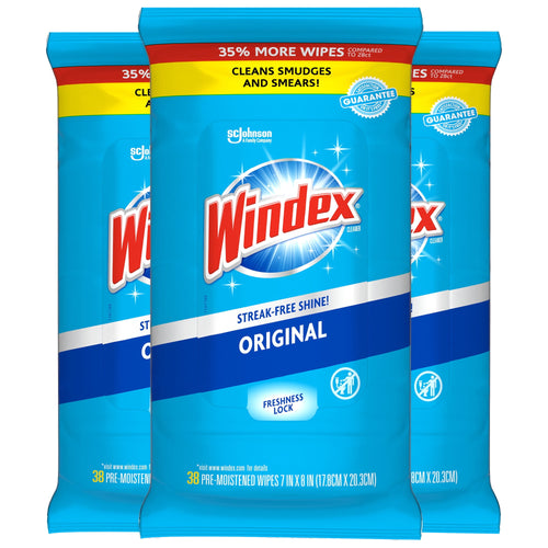 Three packs of Windex Original pre-moistened wipes against white background showing front packaging