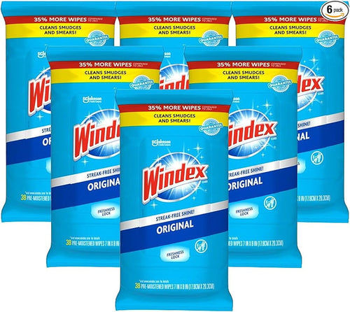 Six blue packs of Windex Original pre-moistened wipes shown together, packaging front visible