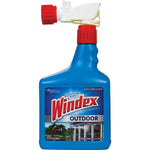 Blue Windex Outdoor spray bottle with hose-attach nozzle and product label on white background