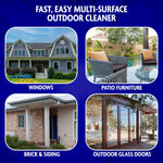 Graphic showing four outdoor cleaning uses with photos labeled windows, patio furniture, brick & siding, and outdoor glass doors