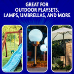 Three-panel graphic showing outdoor playset slide, landscape lamp, and patio umbrella labeled 'Great for outdoor playsets, lamps, umbrellas, and more'