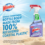 Windex bottle on sandy beach graphic with text about bottle body made from 100% recovered coastal plastic and sky background