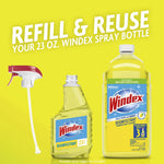 Windex refill bottle pictured next to a 23 oz spray bottle and trigger head with text encouraging refill and reuse on yellow background.