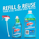 Graphic showing Windex Original refill bottle, a spray trigger, and a smaller spray bottle with text 'Refill & Reuse your 23 oz. Windex spray bottle'.