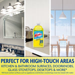 Windex refill bottle shown in a three-panel collage of bathroom, kitchen countertop and dining area with text about high-touch areas.