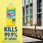 Windex citrus refill bottle beside a kitchen sink and faucet with bold text claiming it kills 99.9% of germs.