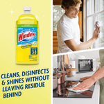 Windex citrus refill bottle with lifestyle photos of a person cleaning a window and wiping a stovetop, text about cleaning and disinfecting.