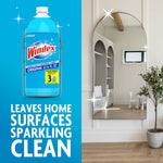 Windex Original refill bottle pictured next to a decorative mirror with text proclaiming 'Leaves home surfaces sparkling clean'.