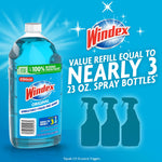 Windex Original refill bottle on a blue background with text claiming value refill equal to nearly three 23 oz spray bottles.