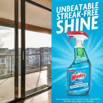 Split image showing a bright balcony view on the left and a Windex spray bottle with 'Unbeatable Streak-Free Shine' text on the right.