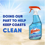 Windex spray bottle on a sandy beach background with text promoting coastal cleanup