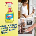 Windex disinfectant spray bottle with sparkling effects alongside images of people cleaning windows and stovetops