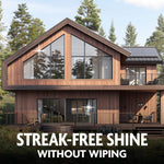 Modern wood-clad house with sunlight reflections and 'Streak-Free Shine without Wiping' text