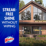 Promotional panel with text 'Streak-Free Shine Without Wiping' beside a house with large clean windows and Windex logo