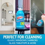 Triptych-style image with a Windex refill bottle centered between a mirror and a hand spraying a window, plus 'Perfect for Cleaning' text.