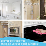 Four-panel collage showing mirrors, glass shower doors, microwave glass and stovetops with text about streak-free shine
