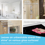 Four-panel infographic showing mirrors, glass shower doors, microwave glass doors and glass stovetops with text about leaving an unbeatable streak-free shine.