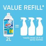 Windex value refill graphic showing a 2L refill equals three spray bottle silhouettes