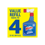 Yellow graphic showing 'Value Refill equal to 4' with Windex Outdoor trigger bottle illustration