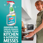 Windex with Vinegar bottle beside a person wiping a stovetop and bold text about tackling kitchen and bathroom messes