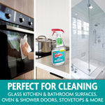 Triptych lifestyle graphic showing Windex with Vinegar bottle between images of an oven, stovetop, and shower door
