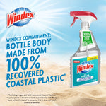 Windex logo and a Windex with Vinegar bottle on a beach-style background with text about bottle body made from recovered coastal plastic