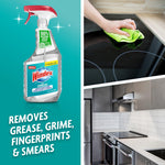 Windex with Vinegar bottle alongside photos of a hand wiping a cooktop and a modern kitchen with text about removing grease and fingerprints