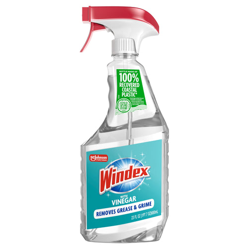Isolated Windex with Vinegar spray bottle on white background showing label and red trigger