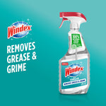 Windex with Vinegar spray bottle on teal background with brand logo and product claim