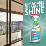 Windex with Vinegar bottle next to a sliding glass door scene and graphic declaring an unbeatable streak-free shine
