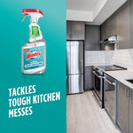 Windex with Vinegar spray bottle displayed alongside a modern kitchen interior, product text visible