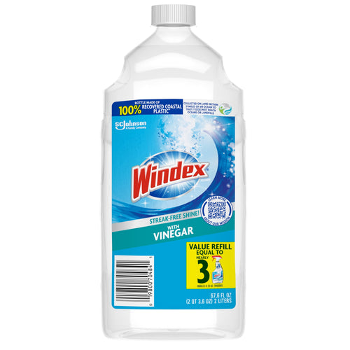 Studio white-background product shot of a Windex with Vinegar 67.6 fl oz refill bottle showing label and barcode