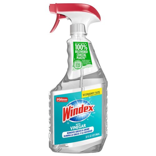 Windex with Vinegar spray bottle front view showing brand label and green recycled-plastic badge