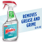 Windex with Vinegar spray bottle on a light background with text claiming it removes grease and grime