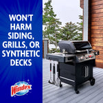 Barbecue grill on a deck next to text 'Won't harm siding, grills, or synthetic decks' with Windex logo in corner