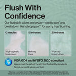 Informational graphic showing three panels of wipe breakdown at 0, 15 and 30 minutes with flushability compliance text.