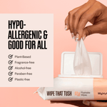 Hand pulling a wipe from a Wipe That Tush pack next to a text panel listing hypoallergenic product features.