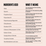 Ingredient panel listing water, glycerin, aloe and vitamin E alongside explanations shown as a two-column chart.