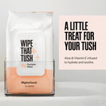 Single Wipe That Tush pack placed in a clear dispenser with text panel reading a little treat for your tush.