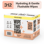 Box-style value pack of Wipe That Tush flushable wipes with bold logo and count callout on peach-accented packaging.