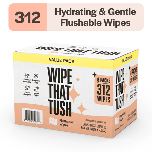 Box-style value pack of Wipe That Tush flushable wipes with bold logo and count callout on peach-accented packaging.