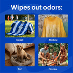 Grid infographic titled 'Wipes out odors' showing images for sweat, mildew, pet and smoke as odor examples
