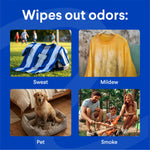 Grid of four photos labeled Sweat, Mildew, Pet, Smoke under headline 'Wipes out odors' illustrating odor sources