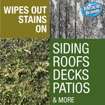 Split graphic showing before/after style textures and text 'Wipes out stains on' with listing of siding, roofs, decks, patios