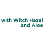 Simple text graphic stating 'with Witch Hazel and Aloe' in green sans-serif type on white background.